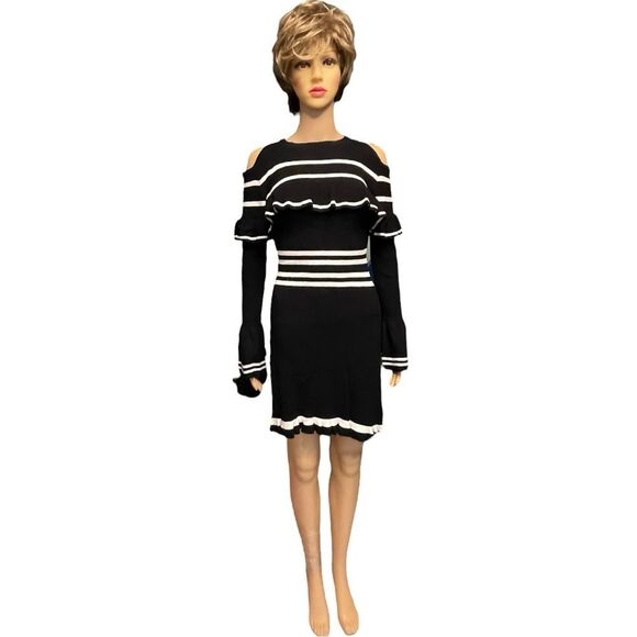 VENUS Black and White Midi Cold Shoulder Sweater Dress BW Striped with Ruffle XS - Picture 1 of 9